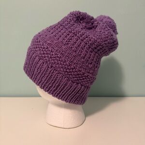Purple 100% Wool Knit Beanie with Pom-Pom
